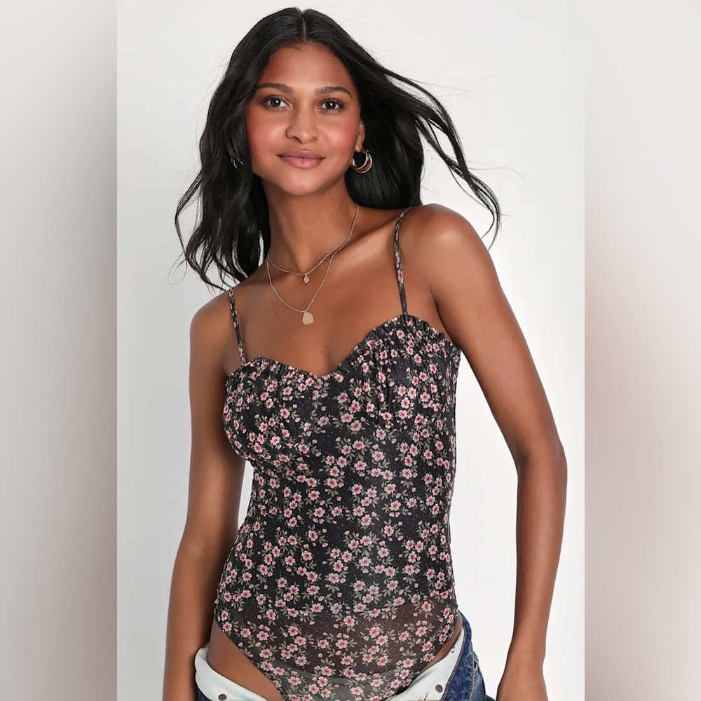 Lulus Flourish With Style Black Floral Mesh Bustier Bodysuit - XS - Picture 3 of 8